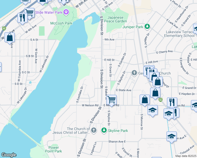map of restaurants, bars, coffee shops, grocery stores, and more near 1050 South Division Street in Moses Lake