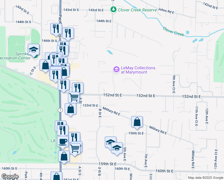 map of restaurants, bars, coffee shops, grocery stores, and more near 409 152nd Street East in Parkland
