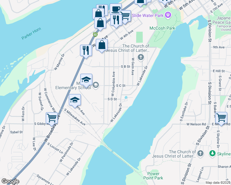 map of restaurants, bars, coffee shops, grocery stores, and more near 1219 West Columbia Avenue in Moses Lake
