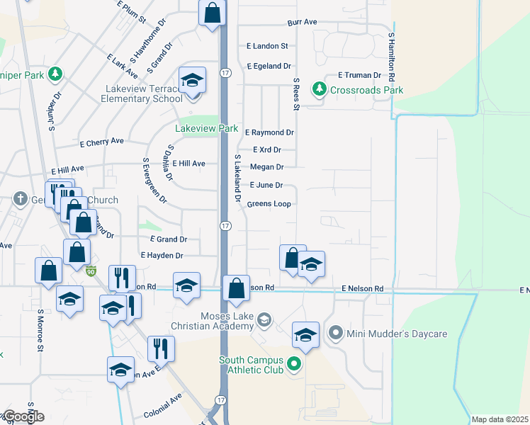map of restaurants, bars, coffee shops, grocery stores, and more near 1054 July Court in Moses Lake