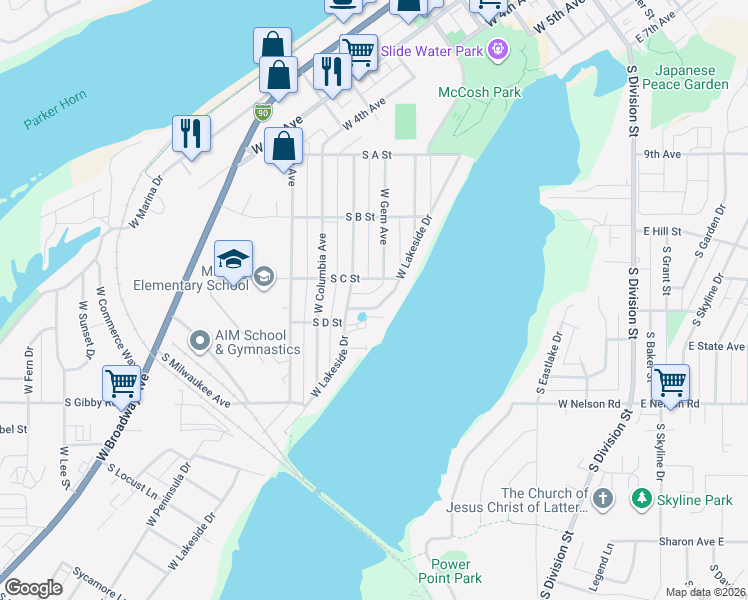 map of restaurants, bars, coffee shops, grocery stores, and more near 1232 West Lakeside Drive in Moses Lake