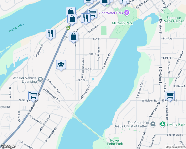map of restaurants, bars, coffee shops, grocery stores, and more near 1232 West Lakeside Drive in Moses Lake
