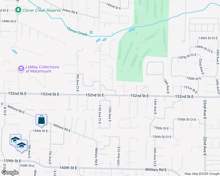 map of restaurants, bars, coffee shops, grocery stores, and more near 1177 151st Street East in Tacoma
