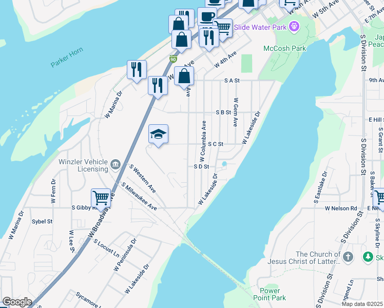 map of restaurants, bars, coffee shops, grocery stores, and more near 1215 West Ivy Avenue in Moses Lake