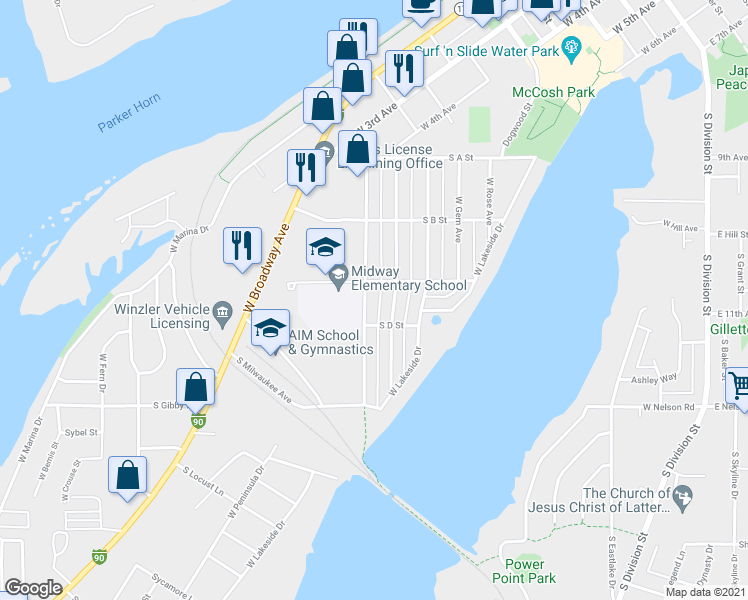 map of restaurants, bars, coffee shops, grocery stores, and more near 1215 West Ivy Avenue in Moses Lake