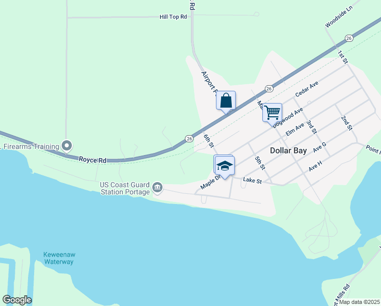 map of restaurants, bars, coffee shops, grocery stores, and more near 48721 6th Street in Dollar Bay