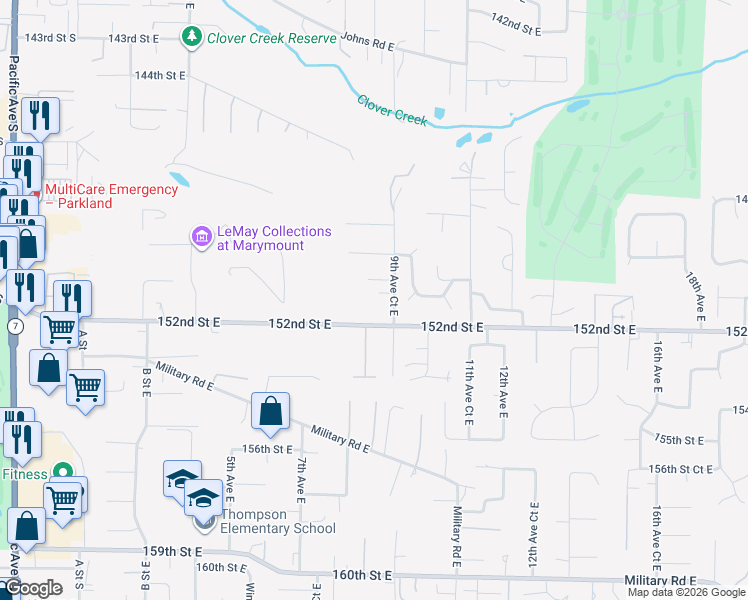 map of restaurants, bars, coffee shops, grocery stores, and more near 904 151st Street East in Tacoma
