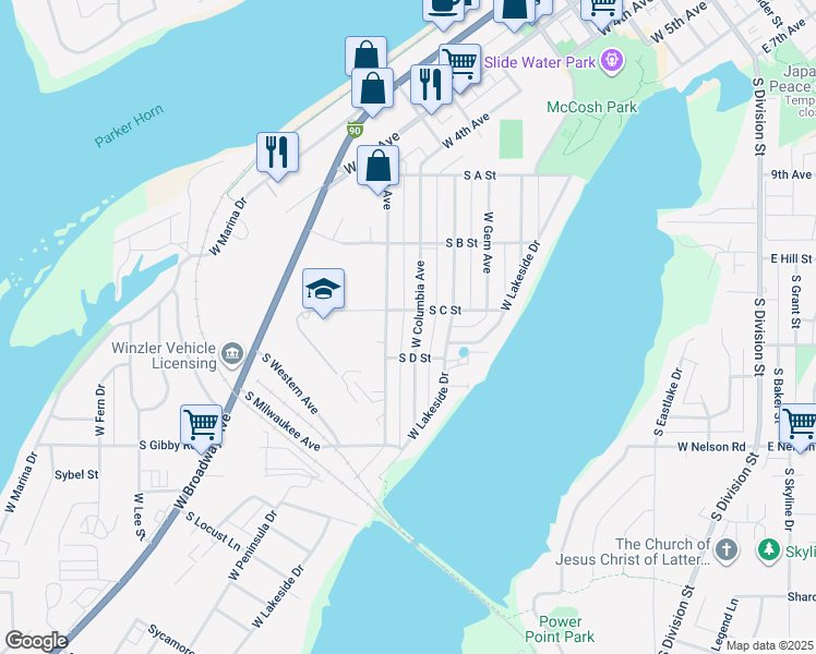 map of restaurants, bars, coffee shops, grocery stores, and more near 1219 West Columbia Avenue in Moses Lake