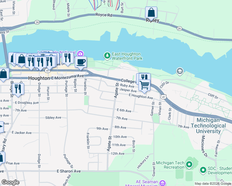 map of restaurants, bars, coffee shops, grocery stores, and more near 1101 East Houghton Avenue in Houghton