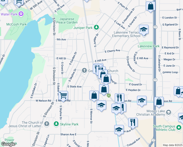 map of restaurants, bars, coffee shops, grocery stores, and more near 1100 South Pioneer Way in Moses Lake