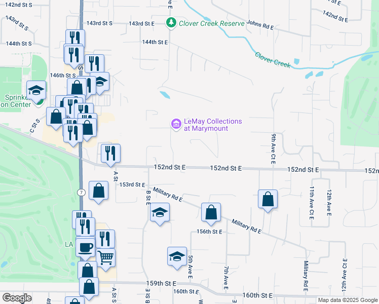 map of restaurants, bars, coffee shops, grocery stores, and more near 409 152nd Street East in Parkland