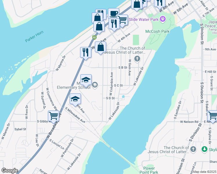 map of restaurants, bars, coffee shops, grocery stores, and more near 1219 West Columbia Avenue in Moses Lake