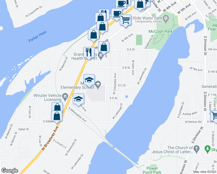 map of restaurants, bars, coffee shops, grocery stores, and more near 1215 West Ivy Avenue in Moses Lake
