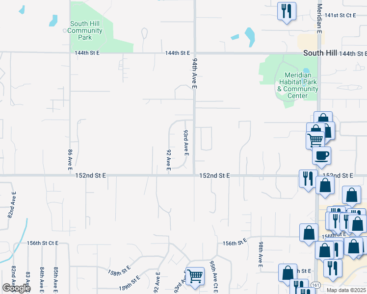 map of restaurants, bars, coffee shops, grocery stores, and more near 14924 93rd Avenue East in Puyallup