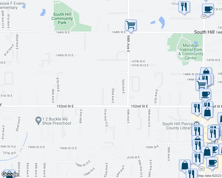map of restaurants, bars, coffee shops, grocery stores, and more near 15004 92nd Avenue East in Puyallup