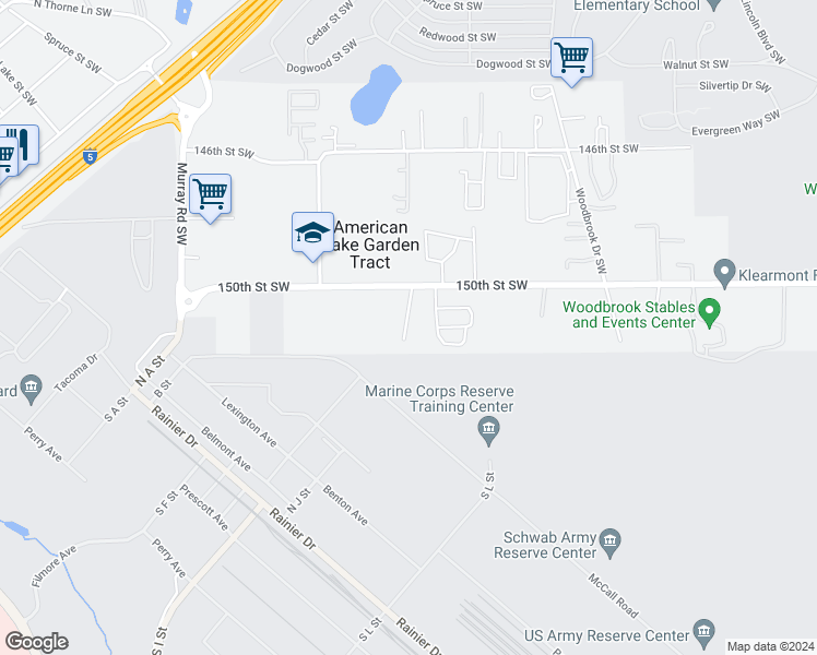 map of restaurants, bars, coffee shops, grocery stores, and more near 7109-7119 151st Stct Southwest in Lakewood