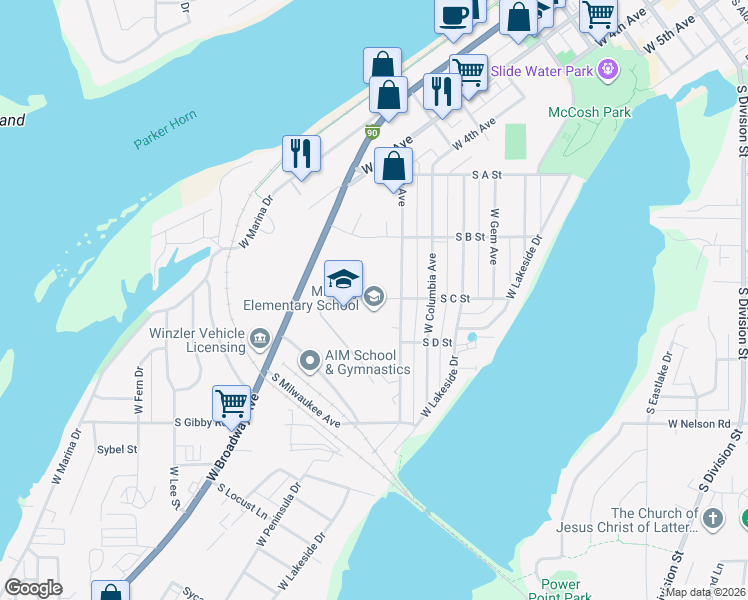 map of restaurants, bars, coffee shops, grocery stores, and more near 502 South C Street in Moses Lake