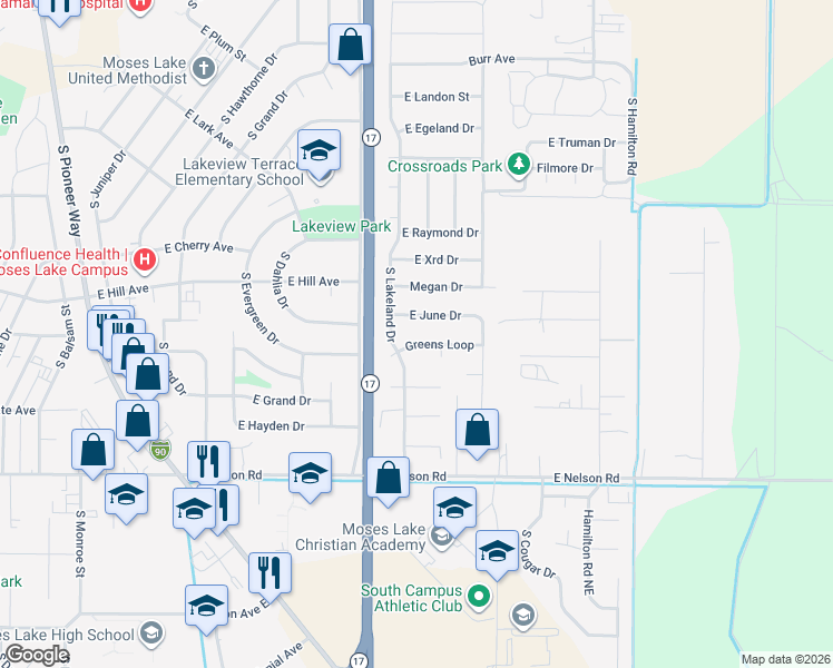 map of restaurants, bars, coffee shops, grocery stores, and more near 1054 July Court in Moses Lake