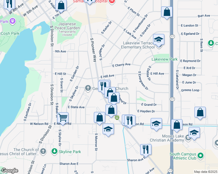 map of restaurants, bars, coffee shops, grocery stores, and more near 1117 South Pioneer Way in Moses Lake