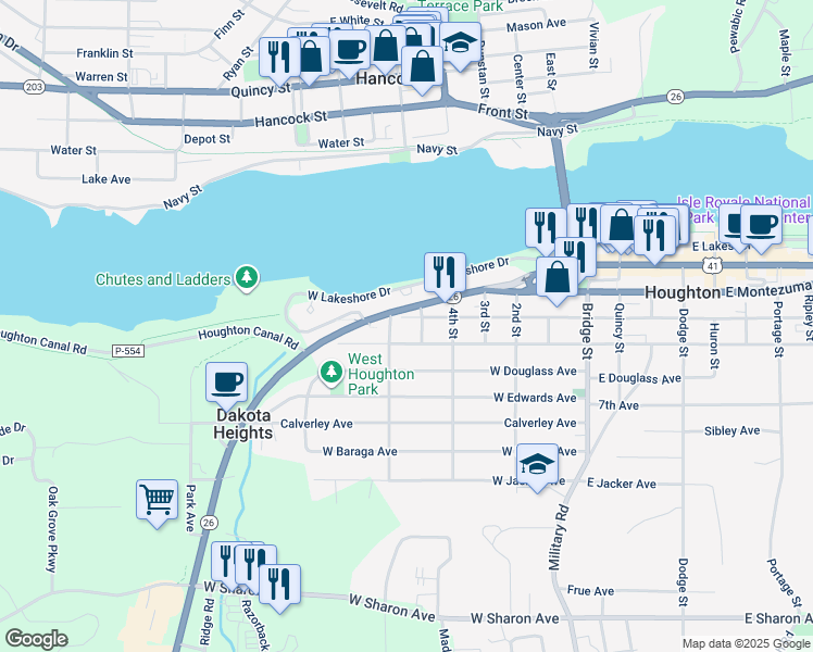 map of restaurants, bars, coffee shops, grocery stores, and more near 200-298 6th St in Houghton