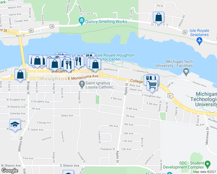 map of restaurants, bars, coffee shops, grocery stores, and more near 204 Prospect Street in Houghton
