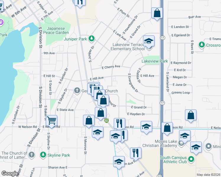 map of restaurants, bars, coffee shops, grocery stores, and more near 915 East Hill Avenue in Moses Lake