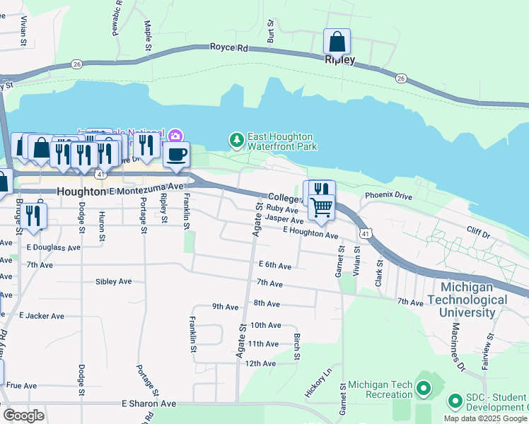 map of restaurants, bars, coffee shops, grocery stores, and more near 1100 College Avenue in Houghton