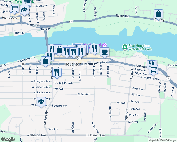 map of restaurants, bars, coffee shops, grocery stores, and more near 200 Portage Street in Houghton