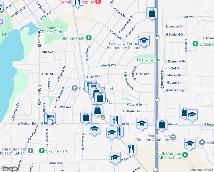 map of restaurants, bars, coffee shops, grocery stores, and more near 915 East Hill Avenue in Moses Lake