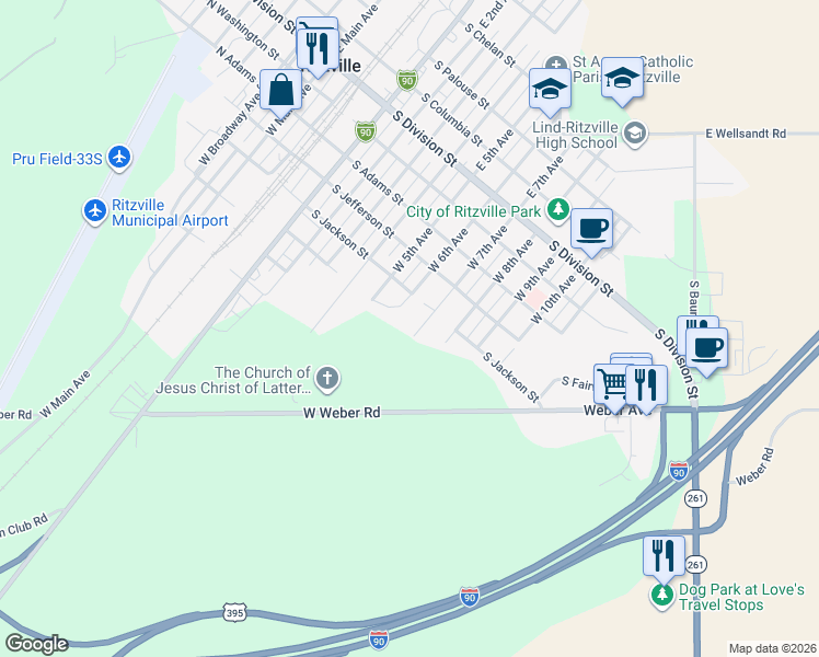 map of restaurants, bars, coffee shops, grocery stores, and more near 502 West 7th Avenue in Ritzville
