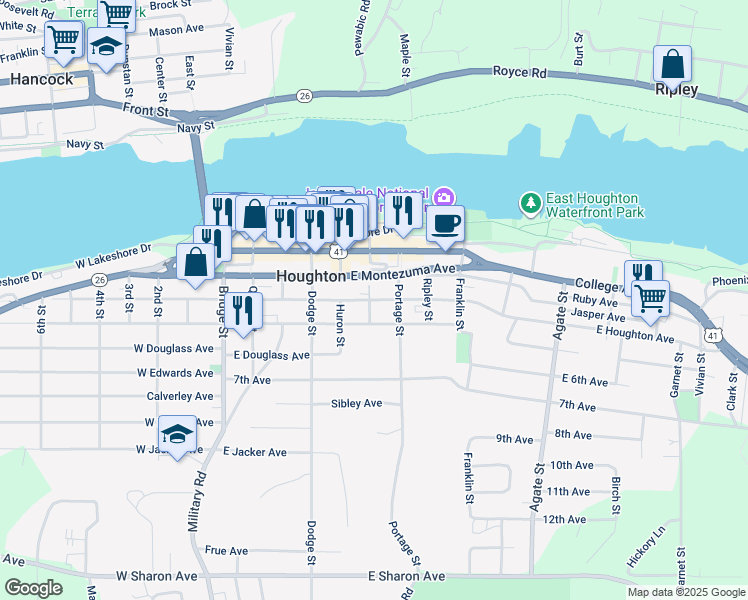 map of restaurants, bars, coffee shops, grocery stores, and more near 301 Isle Royale Street in Houghton