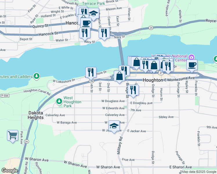 map of restaurants, bars, coffee shops, grocery stores, and more near 299 West Houghton Avenue in Houghton