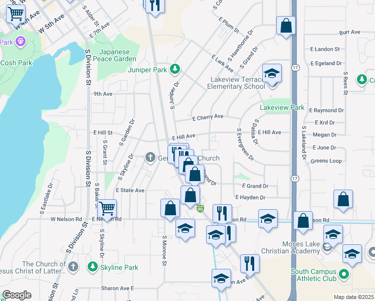 map of restaurants, bars, coffee shops, grocery stores, and more near 811 East Hill Avenue in Moses Lake