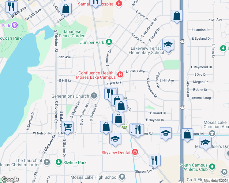 map of restaurants, bars, coffee shops, grocery stores, and more near 811 East Hill Avenue in Moses Lake