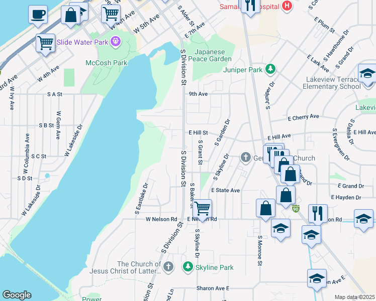 map of restaurants, bars, coffee shops, grocery stores, and more near 1011 South Division Street in Moses Lake