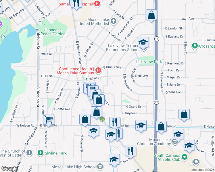 map of restaurants, bars, coffee shops, grocery stores, and more near 907 East Ball Court in Moses Lake