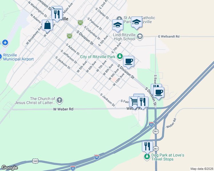 map of restaurants, bars, coffee shops, grocery stores, and more near 902 South Adams Street in Ritzville