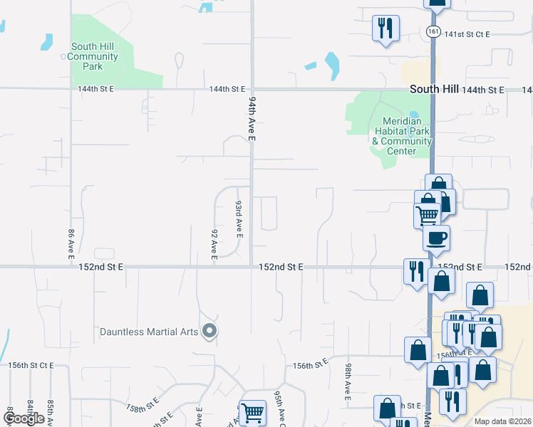map of restaurants, bars, coffee shops, grocery stores, and more near 14905 95th Avenue East in Puyallup