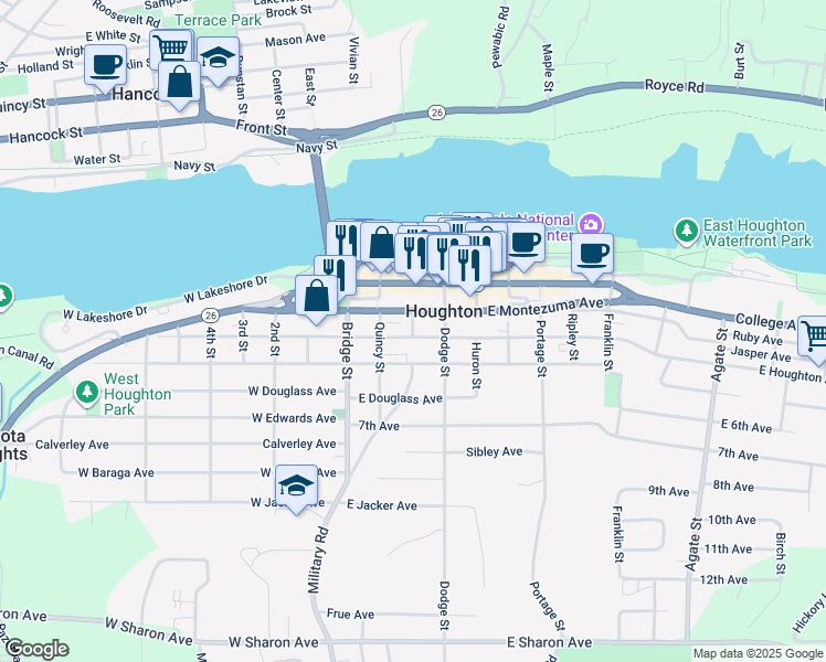 map of restaurants, bars, coffee shops, grocery stores, and more near 201-203 Pewabic Street in Houghton