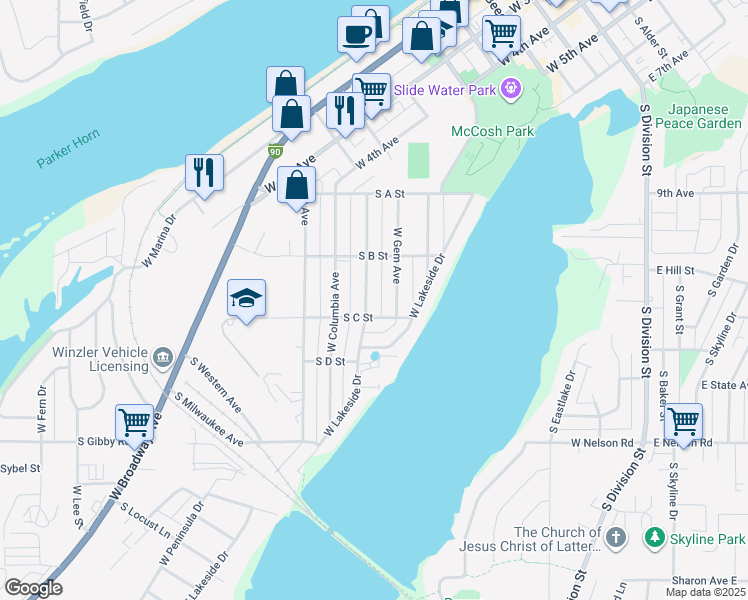 map of restaurants, bars, coffee shops, grocery stores, and more near 1125 West Cascade Avenue in Moses Lake