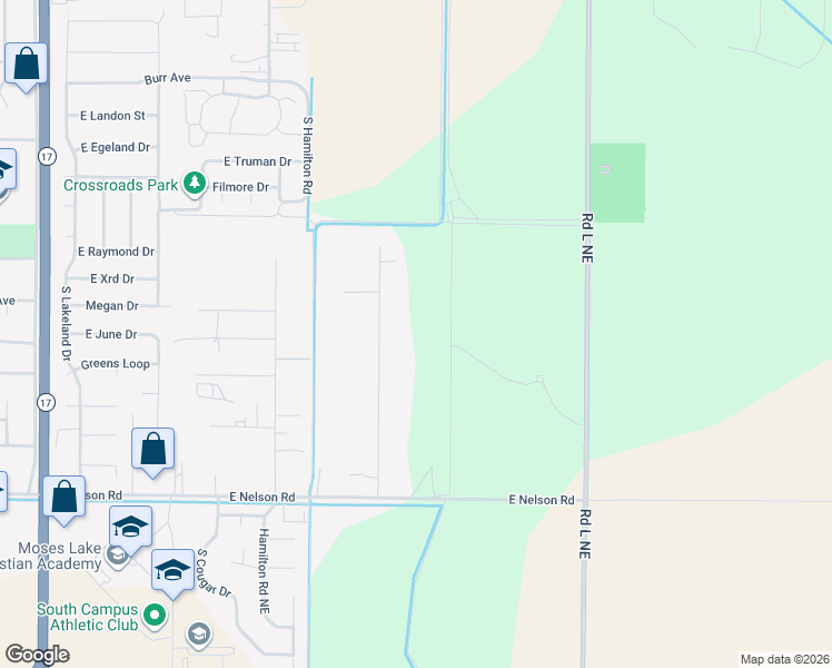 map of restaurants, bars, coffee shops, grocery stores, and more near 2299 Admiral Road Northeast in Moses Lake
