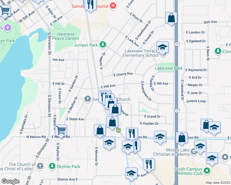 map of restaurants, bars, coffee shops, grocery stores, and more near 845 East Hill Avenue in Moses Lake