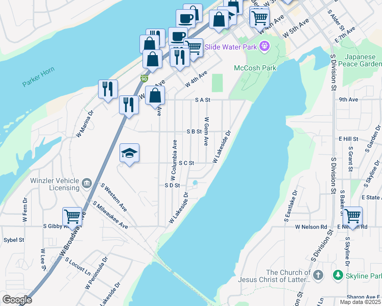 map of restaurants, bars, coffee shops, grocery stores, and more near 1135 West Cascade Avenue in Moses Lake