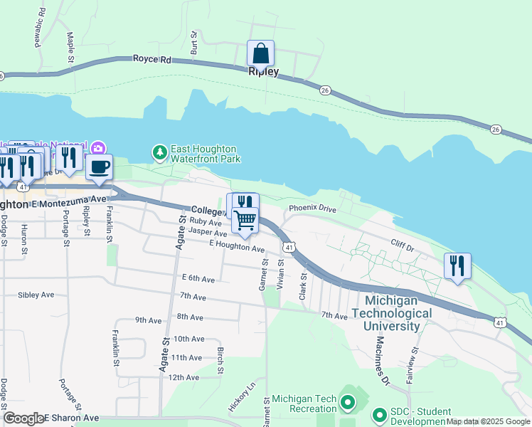map of restaurants, bars, coffee shops, grocery stores, and more near 1304 College Avenue in Houghton