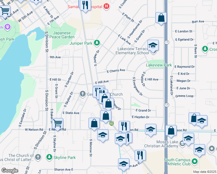 map of restaurants, bars, coffee shops, grocery stores, and more near 845 East Hill Avenue in Moses Lake