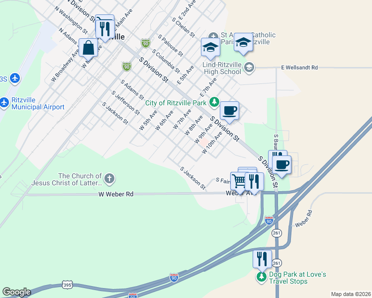 map of restaurants, bars, coffee shops, grocery stores, and more near 307 West 8th Avenue in Ritzville