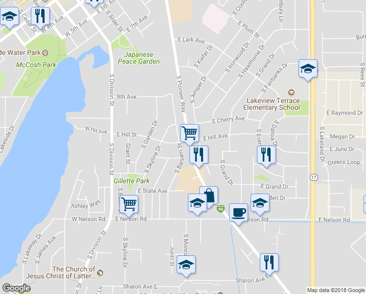 map of restaurants, bars, coffee shops, grocery stores, and more near 1000 South Pioneer Way in Moses Lake