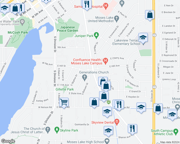 map of restaurants, bars, coffee shops, grocery stores, and more near 1000 South Pioneer Way in Moses Lake