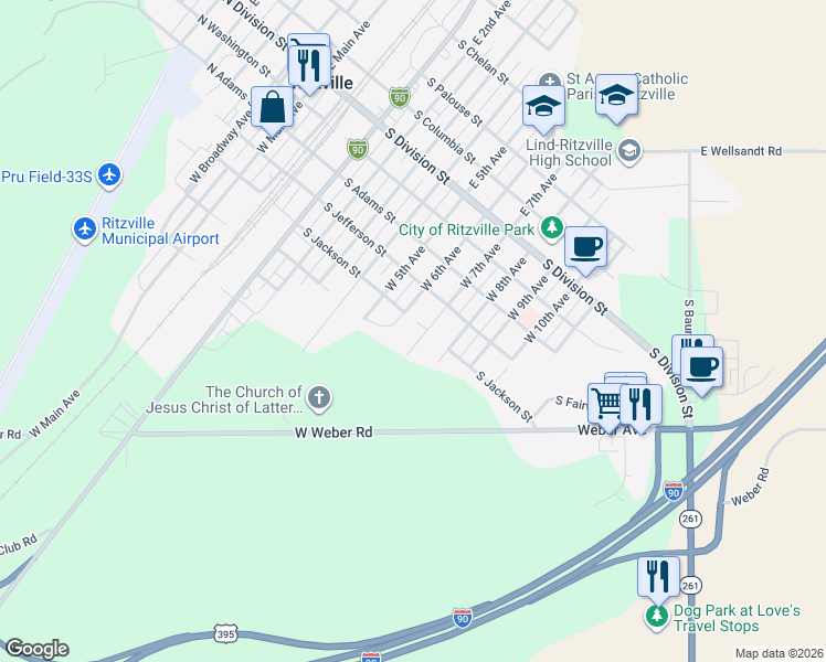 map of restaurants, bars, coffee shops, grocery stores, and more near 502 West 7th Avenue in Ritzville