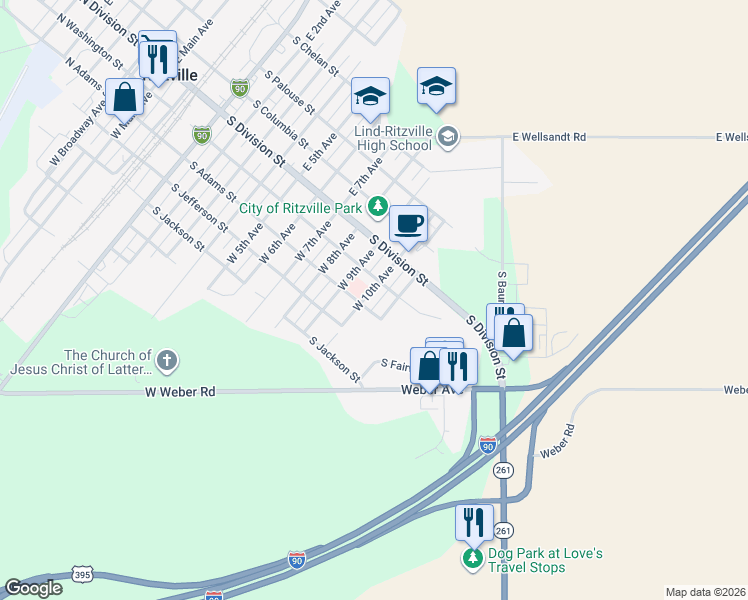 map of restaurants, bars, coffee shops, grocery stores, and more near 203 West 10th Avenue in Ritzville
